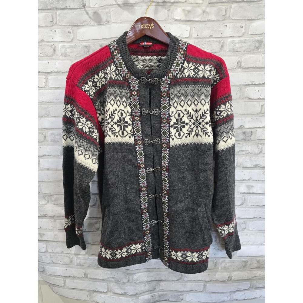Nordic Fair Isle‎ 100% Pure Wool Snowflake Cardigan Unisex Sweater Clip Closure